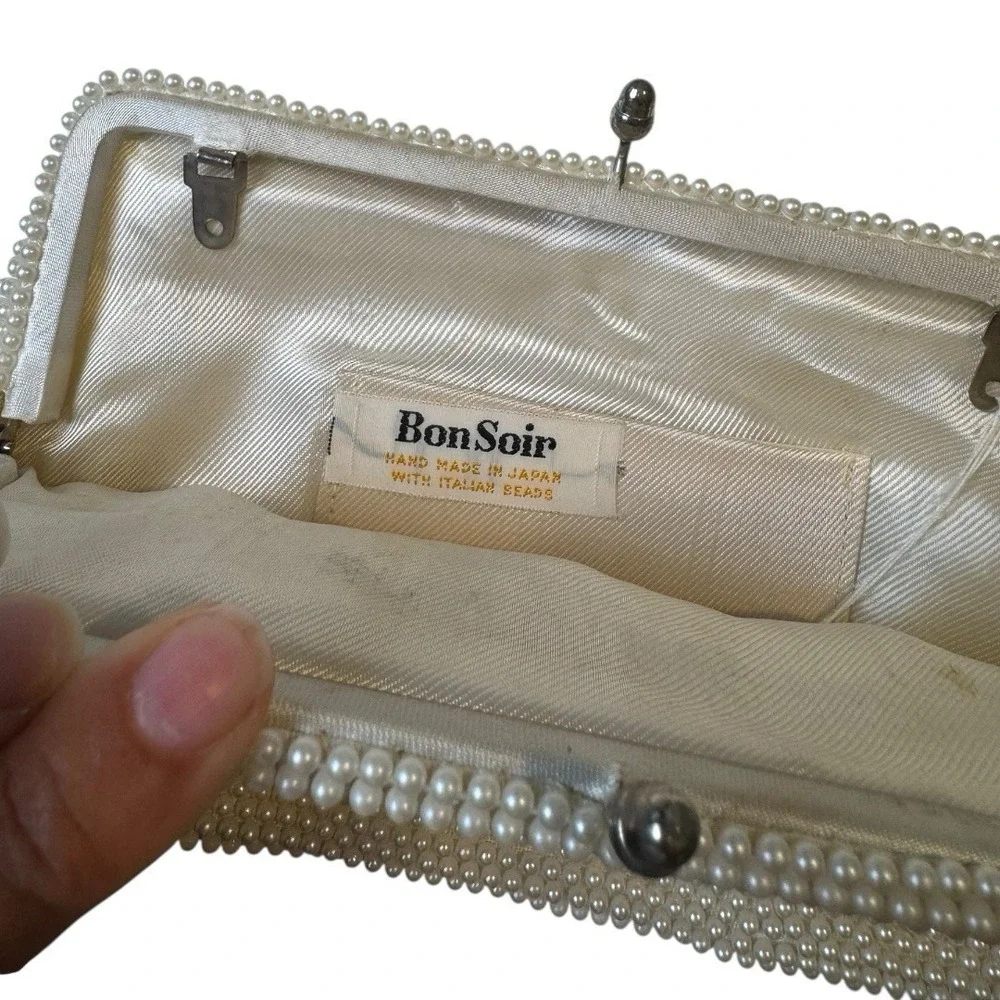 Vintage 1960 Bon Soir‎ Italian Pearl Cream Clutch Purse Beads Silk Wedding B72Q